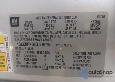 2016 GMC Acadia Slt-1 из США, поврежденный, VIN 1GKKRRKD8GJ276793